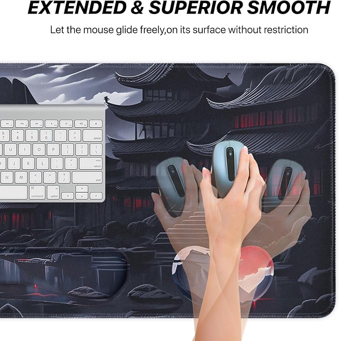 3-in-1 Large Gaming Mouse Pad, Anime Mouse Pad & Keyboard Wrist Rest Support, Memory Foam Ergonomic, Japanese Red Moon Desk Mat Set for Home Office Study Game, 31.5 X 11.8 Inch