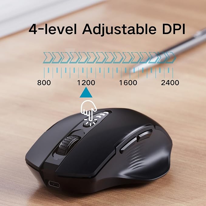 Uineer Wireless Bluetooth Mouse,[Upgraded] Rechargeable (BT 5.0/4.0+2.4G Hz),Computer Mouse with Visible Battery Level, 4 Adjustable DPI, Portable PC Mouse for MacBook Chromebook,Black