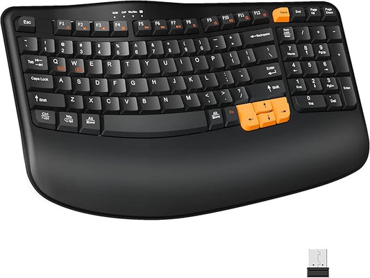RECCAZR Ergonomic Wireless Keyboard with Wrist Rest, Wave Keys for Comfortable Natural Typing, 2.4GHz Ergo Wireless Computer Keyboard for Windows, Mac OS Laptop/PC/Notebook (Black&Orange)