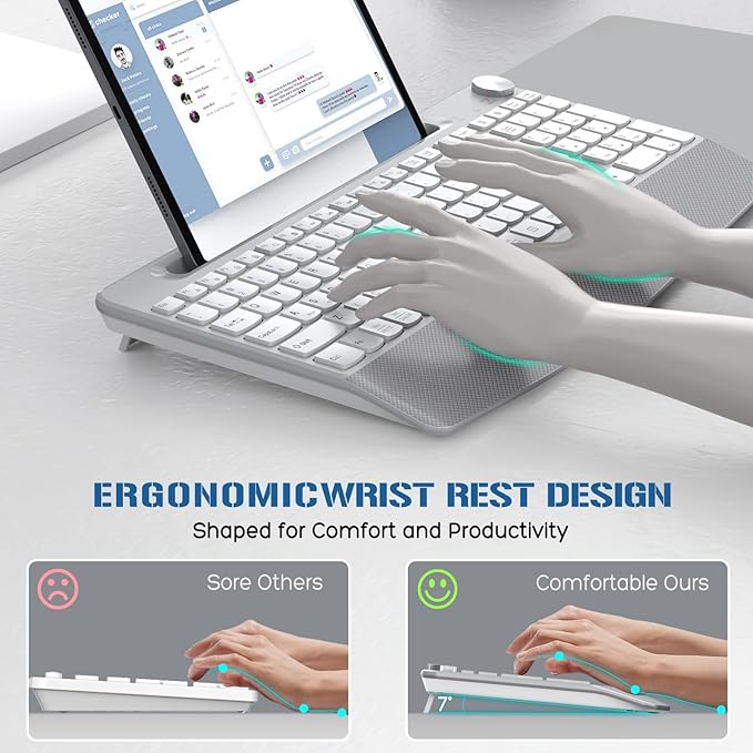 JOYACCESS Ergonomic Wireless Keyboard, 2.4GHz Cordless USB Full-Size Keyboard with Wrist Rest, Quiet Design & Numeric Keypad, Phone Holder for Desktop, Laptop, PC, Mac, Windows -Silver White