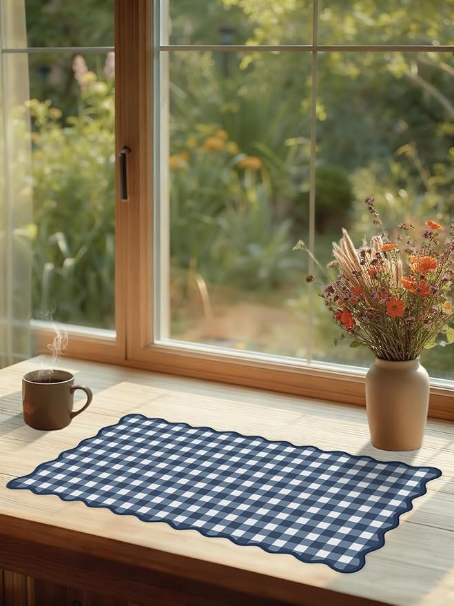 Scalloped‌ Checkered Desk Mat Cute Dark Blue XXL Large Gaming Mouse Pad Gingham Kawaii Cottagecore ‌Vintage‌ Laptop Keyboard Computer Mat for Desktop Aesthetic Desk Pad Accessories Decor