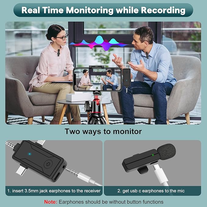 3 in 1 Wireless Mini Microphone for iPhone Android Phone Camera - Bluetooth Lavalier Lapel Mic for Video Recording - Clip on Shirt Microphones for Tiktok YouTube Podcast Vlogging