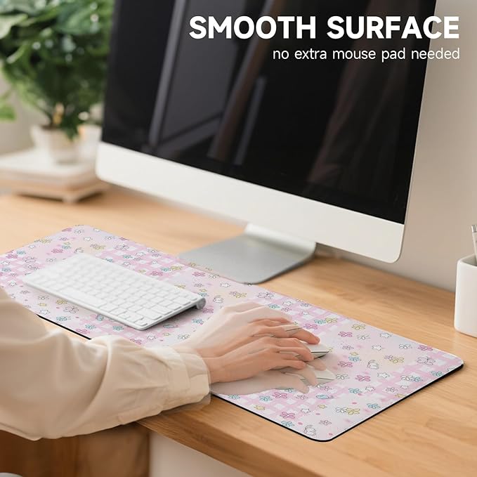 AUPET Leather Desk Pad Blotter Mat, Large Mouse Pad, Non-Slip Waterproof Desk Writing Pad Protector, Desk Decor for Office，Home，Gaming (Pink-Checkered Flower Butterfly, 35.4X15.7 inch)