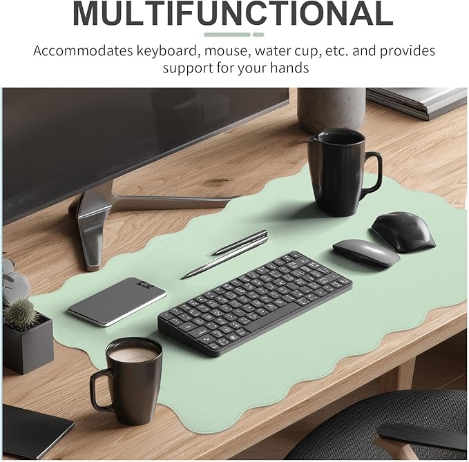 Scalloped Desk Mat Leather Desk Pad Protector Non-Slip PU Leather Table Protector Waterproof Mouse Pad Keyboard Mat Curly Mousepad PC Accessories Gift for Office Home (Sage Green)