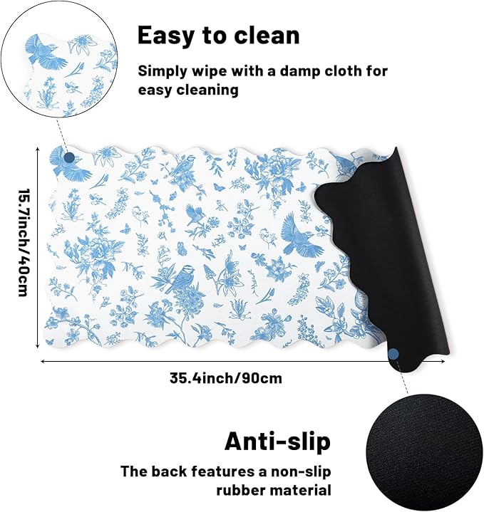Scalloped Desk Mat Large Blue and White Floral Chinoiserie Mouse Pad 35.4'' x 15.7'' Vintage Nonslip Rubber Keyboard Pad for Laptop Computer Keyboard Vanity Work Home Decor