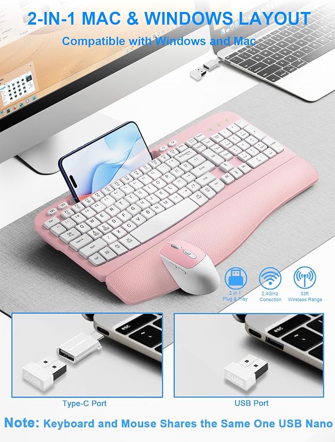 Wireless Keyboard and Mouse Combo, Wave Keys Computer Ergonomic Keyboard with Cushioned Plam Rest, Phone Holder, 2.4GHz Silent 6 Button Wireless Mouse Set for Laptop, PC, Windows, Mac (Pink)