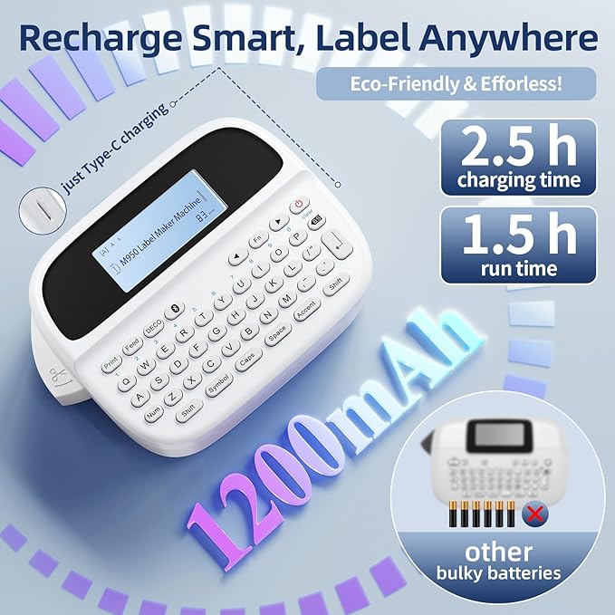 Label Maker Machine with 4 Tapes, Rechargeable Backlit Labeler for 12mm 0.47 White Waterproof-Labels, Bluetooth Label Printer Replacement for Brother Ptouch Label Maker Machine, for Office Home School