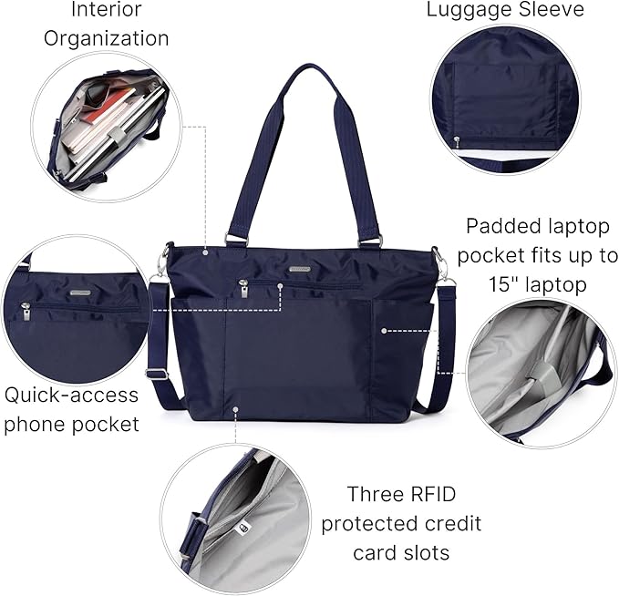 Baggallini Essential Laptop Tote - Work Tote Bag with Laptop Sleeve - Lightweight Travel Crossbody Shoulder Bag for Women