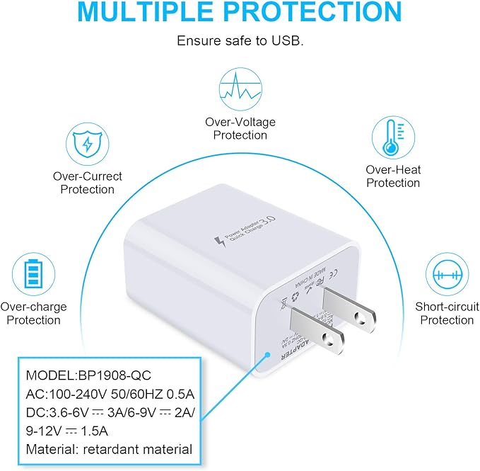 Quick Charge 3.0 Fast Wall Charger for LG Stylo 6 5 4, LG K51 K92 G8 G7 G6 G5 V35 V40 V60 ThinQ, Samsung Galaxy S26 S25 S24 S23 A56 A36 A17 A16 5G, 18W Fast Adapter, 6Ft USB Type C Charging Cable