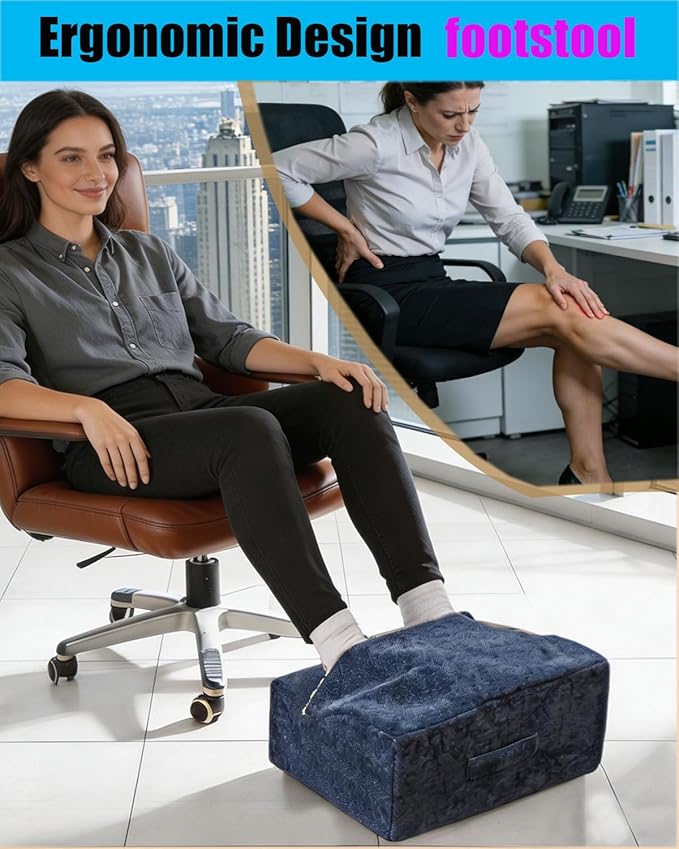 Foot Rest for Under Desk at Work, Office Footrest with Warm Feet Pocket,Ergonomic Under Desk Footrest with Washable Cover, Stool for Office Chair & Back &Pain Relief, (Blue+)