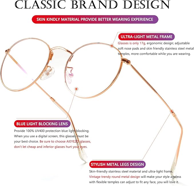 AIEYEZO Blue Light Glasses for Women Men Fashion Retro Circle Wire Frames Eyeglasses Anti-Blue Light Computer Gaming Glasses