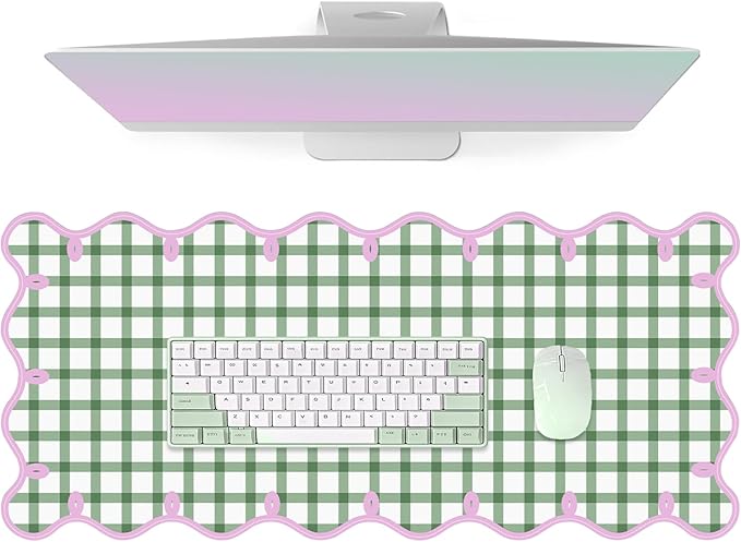 Leather Desk Pad, Desk Mat Mouse Pad, Non-Slip Mousepad Waterproof PU Table Blotter for Computer Laptop Extra Large Keyboard Mat for Women Girl Office Home Dorm, Pink Scalloped +Dark Green Checkered
