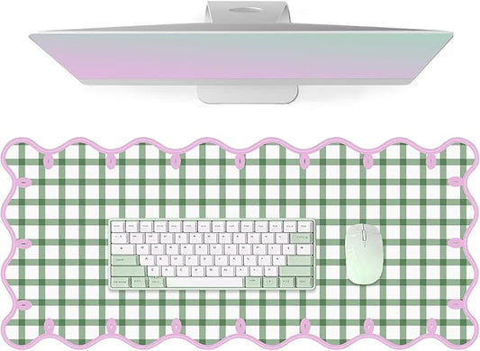 Leather Desk Pad, Desk Mat Mouse Pad, Non-Slip Mousepad Waterproof PU Table Blotter for Computer Laptop Extra Large Keyboard Mat for Women Girl Office Home Dorm, Pink Scalloped +Dark Green Checkered