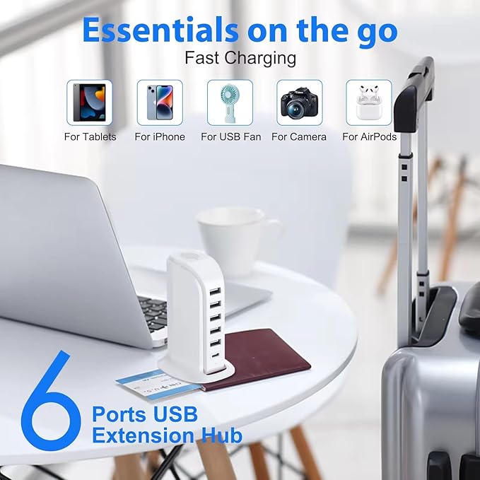 USB Charging Station for Multiple Devices, 5 USB Ports + 1 Type C Multiport Charger Tower, Compatible with Smartphones, Tablets and Other Devices