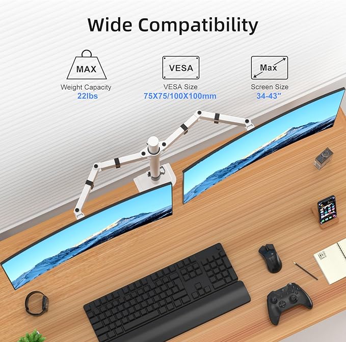 Suptek Dual Monitor Desk Mount, Adjustable Dual Monitor Arm for 2 Monitor Screens up to 43 inch, 15.75" Pole Monitor Stand for Desk, Holds up to 22 lbs,White(MD9442LW)
