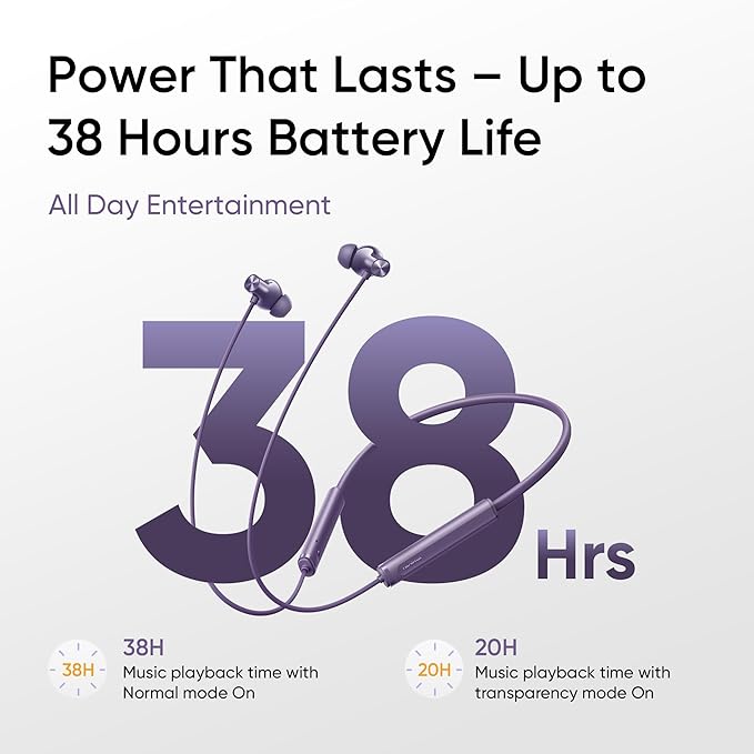 realme Buds Wireless 5 ANC in Ear Bluetooth Headphones, 50dB ANC, 13.6mm Dynamic Bass Driver, 360° Spatial Audio, 45ms Low Latency, Upto 38hrs Playback, IP55 Rating, Dual Device Connection - (Purple)