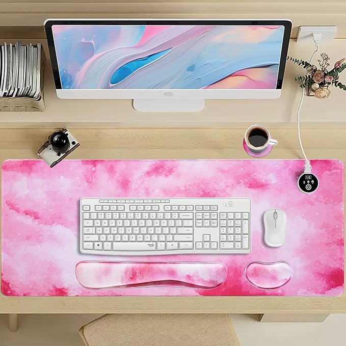 Bloss Clouds Mouse Pad and Keyboard Wrist Rest, 4-in-1 Desk Mat, Cute Desk Pad Easy Typing & Pain Relief, Desk Decor for Women Girls-Pink Clouds(35.4 x 15.7 Inches)