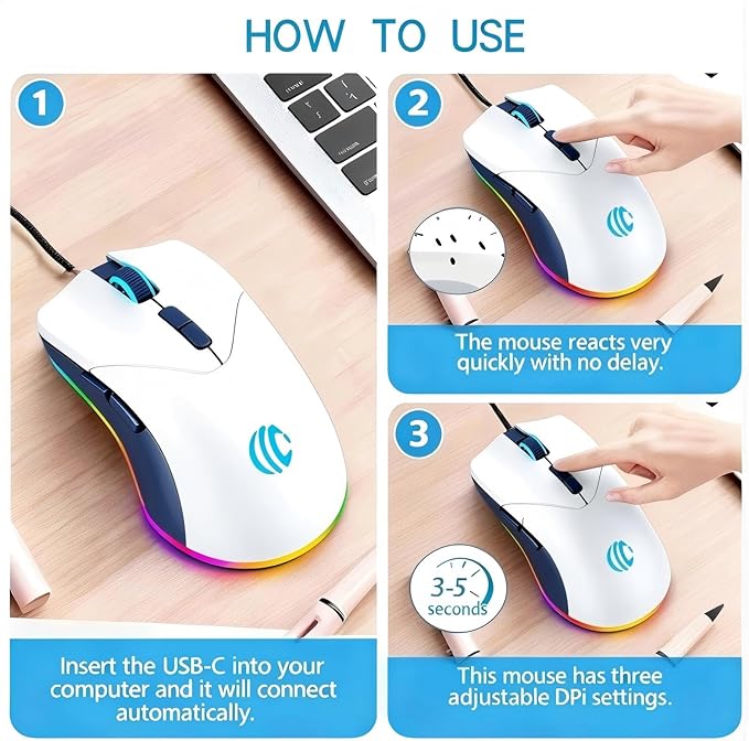 Wired Mouse, USB Computer Mouse 1600 DPI Mobile Optical Mouse Ergonomic Design Computer Mice with Cord for Laptop, PC, Desktop, MacBook, 7 Buttons (White)