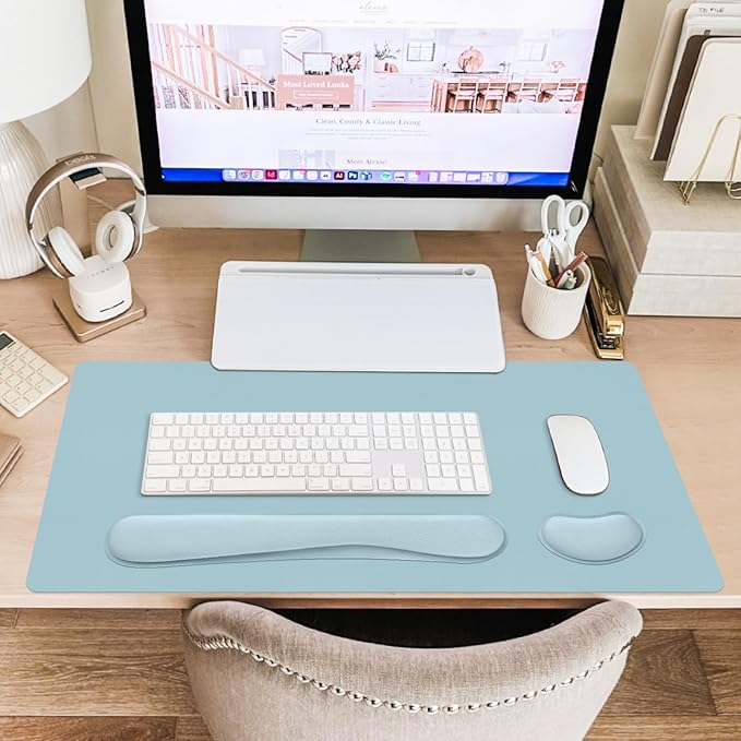 Desk Pad Mat Set,3-in-1 Large Mouse Pads with Wrist Rest and Keyboard Pad, Desk Mats for Keyboards and Mouses, Ergonomic Keyboard and Mouse Mat Set for Office Home Decor(Blue, 31.5" x 15.7")