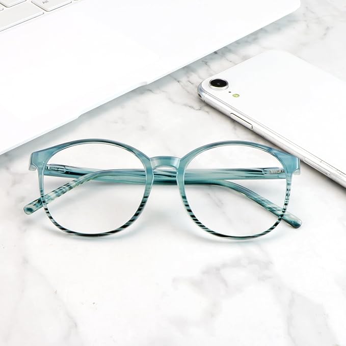 LifeArt Round Blue Light Blocking Glasses, Computer Glasses, Gaming Glasses, TV Glasses for Women Men (Striped Blue, 2.00 Magnification)