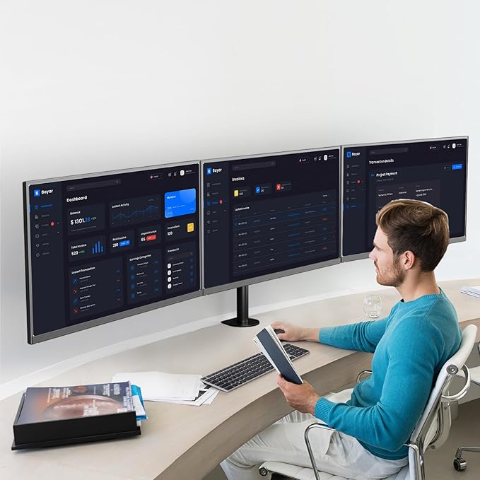 UPGRAVITY Triple Monitor Desk Mount,Three Monitors Stand Fits 3 Screens up to 27 inch,Load Bearing 17.6 lbs Per Arm,Fully Adjustable,Clamp & Grommet Mount,VESA Mount 75x75/100x100mm