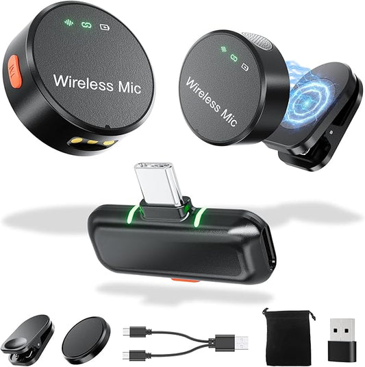 Wireless Lavalier Microphone for iPhone 15/16 & Android & PC, Magnetic Clip-On Lapel Mic with 2.4G Noise Canceling, Plug-Play Mini Microphone for Video Recording, Interviews, TikTok, YouTube