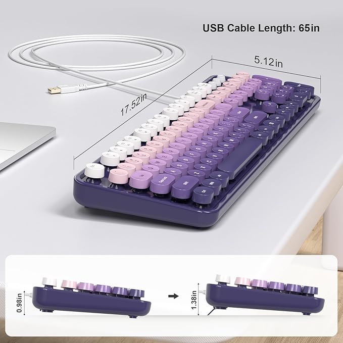 Wired Keyboard, Full-Sized Typewriter Keyboards, USB Plug and Play Office Keyboard with Number Pad, Caps Indicators, Foldable Stands for Windows, PC, Laptop, Desktop (Purple)