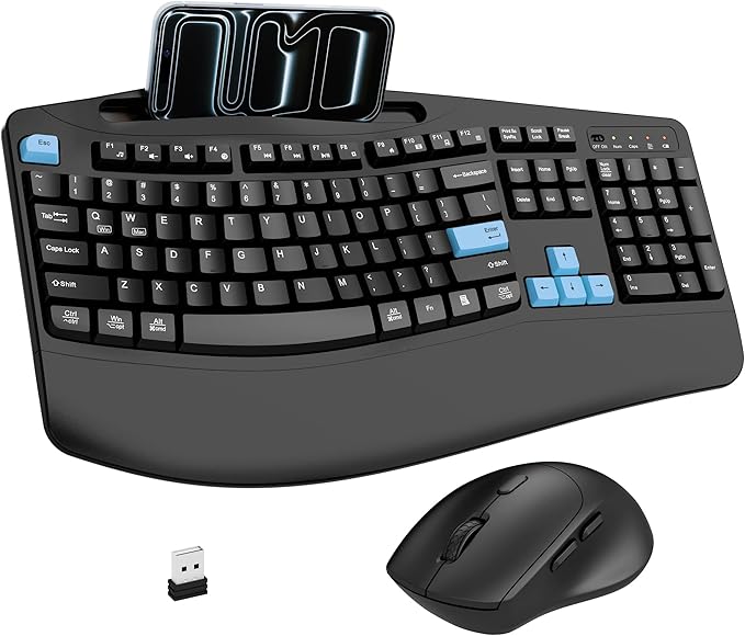 Wireless Keyboard and Mouse Combo, 2.4G Full Size Wave Keys Ergonomic Keyboard with Wrist Rest, Phone Holder, 3-Level DPI Wireless Silent Mouse with 6-Buttons, for Windows, Mac OS, Laptop (Blue Black)