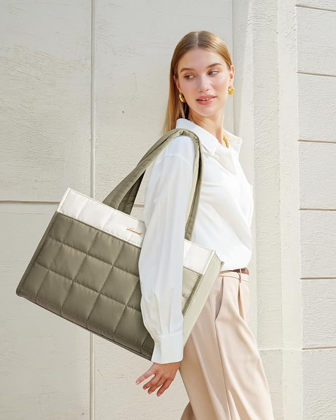 LOVEVOOK Tote Bag for Women, Puffer Work Handbag 17 Inch Laptop Purse for Nurse Teacher, Large Quilted Travel Tote Shoulder Bag with Zipper for College Office Clinical Gym