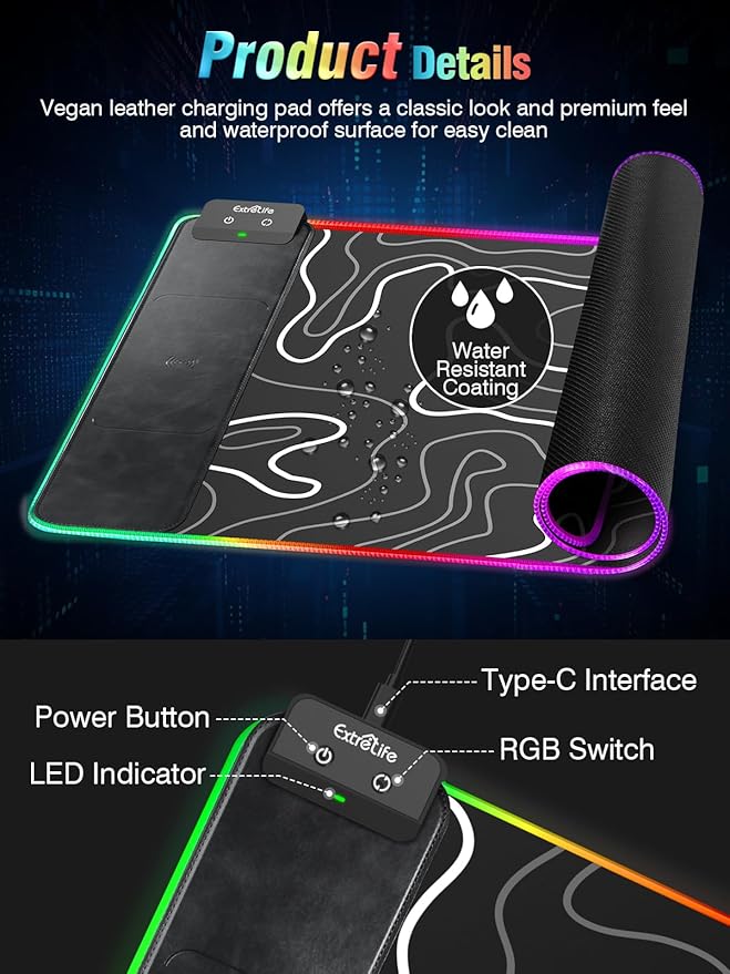 Wireless Charging RGB Gaming Mouse Pad, 31.5"x15.7" XXL Large Desk Mat, Desk Pad for Gamer, 9 Light Modes, Non-Slip Rubber Base, Waterproof, Computer Keyboard Mat, Black