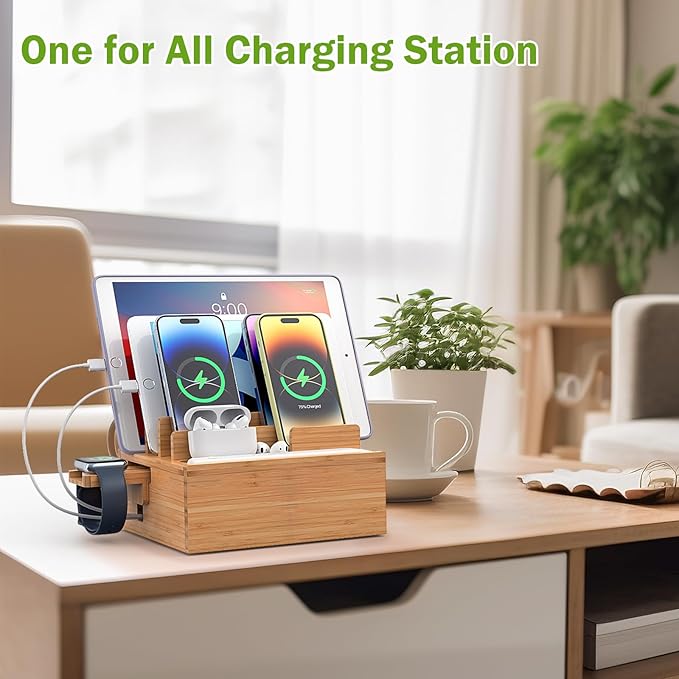 Pezin & Hulin Bamboo Charging Station Holder with 5 Port USB Charger, 5 x Charge Cables, Watch Stand, Wood Docking Stand Electronic Organizer for Multiple Devices, Phones, Tablets and Earpods