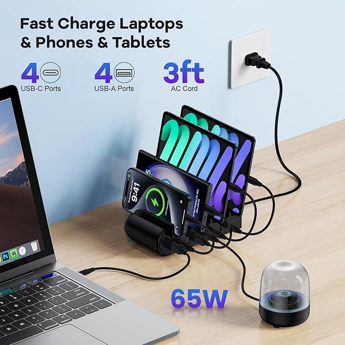 Charging Station, 65W 8 Ports Multi Charger Station USB Charging Dock for Multiple Devices for Samsung Galaxy A16 A15 5G A17 A14 A13 S26 Ultra S25 FE S24 S23 S22 A56 A36, iPhone 17e 16e 17 16 Pro Max