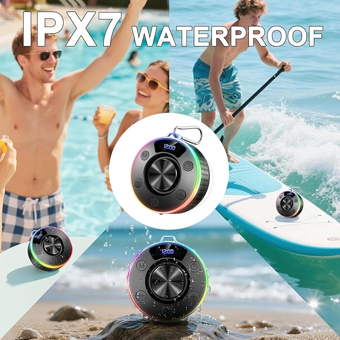 Bluetooth Shower Speaker, Portable Bluetooth 5.4 Speaker with 360°HD Stereo Sound and Robust Bass, IPX7 Waterproof Speakers, LED Light, Built in Mic for Home, Party, Outdoor Beach, Gift for Men Women