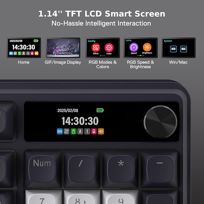 Redragon K762 Wireless Gasket Gaming Keyboard w/Hype Screen & Knob, 104 Keys Mechanical Keyboard, Easy-Control 1.14’’ TFT Info Display, 5-Layer Noise Dampening, Round PBT Keycaps, Mint Mambo Switch