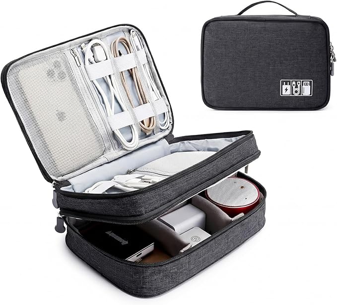 mygreen Electronics Travel Organizer, Watreproof Electronic Accessories Case Portable Double Layer Cable Storage Bag for Cord, Charger, Flash Drive, Phone, Ipad Mini, SD Card, Gifts for Him Black