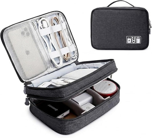 mygreen Electronics Travel Organizer, Watreproof Electronic Accessories Case Portable Double Layer Cable Storage Bag for Cord, Charger, Flash Drive, Phone, Ipad Mini, SD Card, Gifts for Him Black