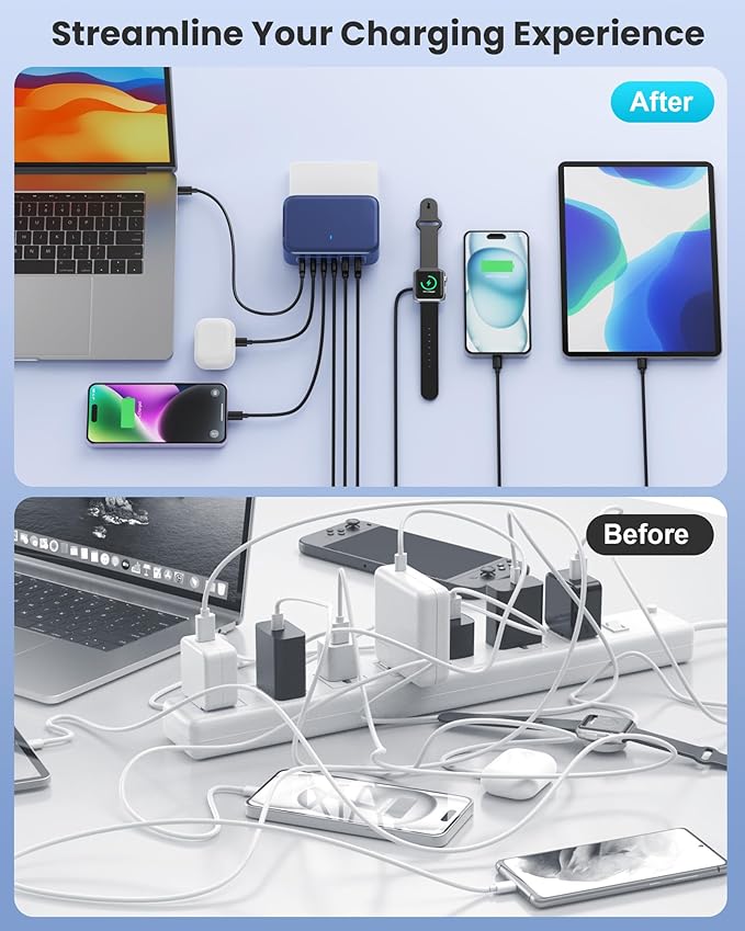USB C Charger 200W USB Charging Block,6 Ports GaN IV Foldable Wall Charger Outlet Plug,QC4.0 Fast Charging Station Hub,PD 65W Laptop Adapter for MacBook Pro,iPhone 17/14,Galaxy,Android-Navy Blue