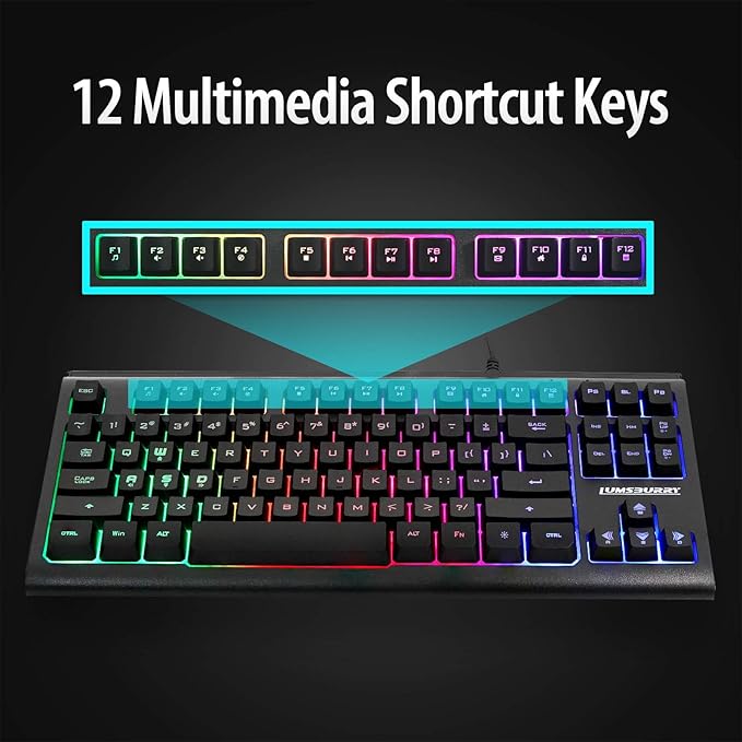 Lumsburry Computer Keyboard, 87 Keys Compact Wired USB Keyboard with Rainbow LED Light Up Backlit for PC Gaming Laptop Teclado Gamers Office Working