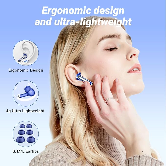 Wireless Earbuds Bluetooth 5.4 Headphones HiFi Stereo 42H Playback in Ear with 4 ENC Noise Cancelling Mic, IPX7 Waterproof and LED Battery Display Screen for Running Fitness Office Ear Buds in Blue