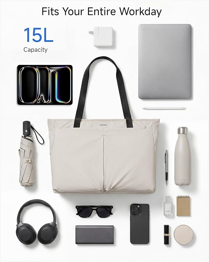LUGGEX Laptop Tote Bag, LTX04 15L Lightweight Work Tote for 13-15.6 Inch Laptop, Water-Resistant Nylon Computer Shoulder Bag with Padded Sleeve, Bottle Holders & Luggage Strap (LTX04, Beige)