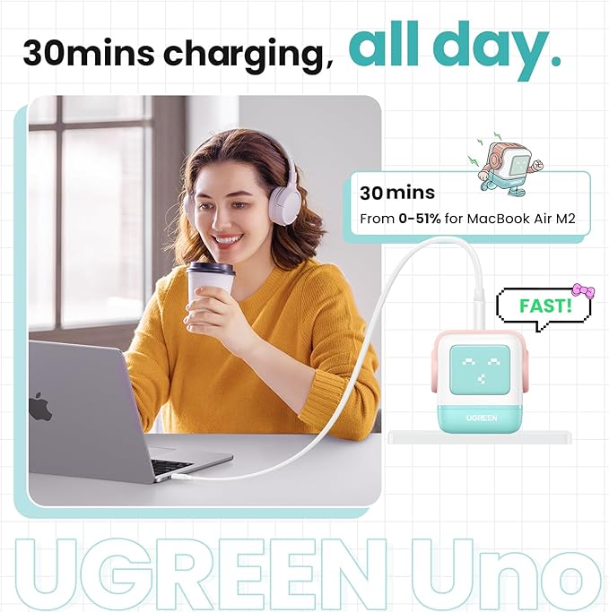 UGREEN Uno 65W USB C Charger Block, 3-Port GaN Charger Fast Charging for iPhone 17, Gifts for Women, for MacBook Pro/Air/Neo, XPS, Galaxy S26/S25, Pixel, Steam Deck, ROG Ally, Pink Blue
