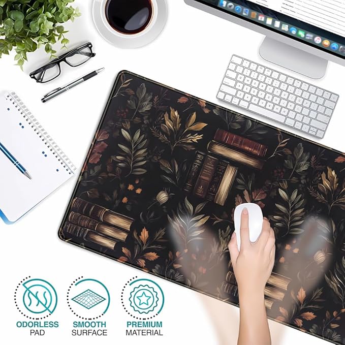 Vintage Plant Desk Mat Gaming Large Mouse Pad, Vintage Books Gothic Desk Pad Bookcase Mouse Mat XXL Laptop Keyboard Pad, Laptop Keyboard Mousepad Aesthetic Accessories for Women 31.5" X 15.7"