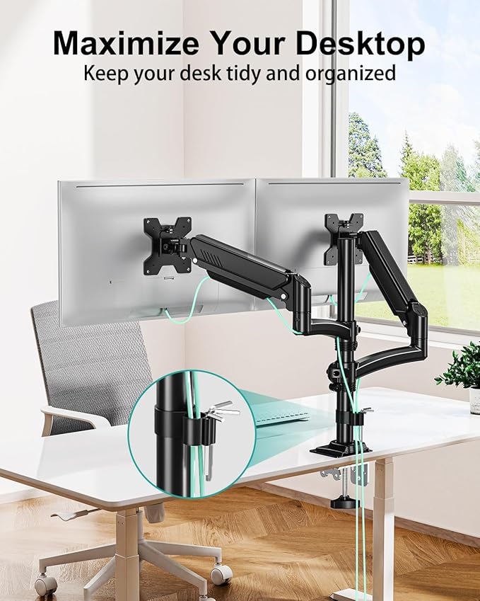 Dual Monitor Stand for 2 Screens up to 32 inch, Vertical Stacked Dual Monitor Mount, Full Motion Adjustable Tall Double Monitor Desk Mount, Each Arm Holds 4.4-22lbs, VESA 75/100mm, Black, Freelift