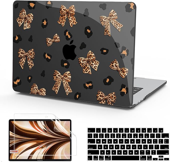B BELK Compatible with MacBook Air 13 inch Case M5 2026 2025 2024-2022 M4 M3 M2 A3449 A3240 A3113 A2681, Plastic Hard Shell+Keyboard Cover+Screen Protector for MacBook Air 13.6 inch Case, Leopard Bow