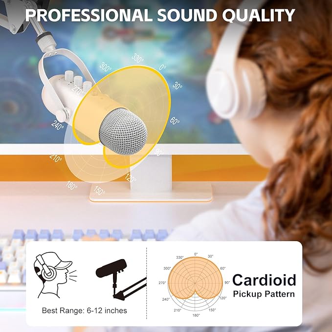 ZealSound Gaming Microphone for PC, USB Podcast Microphone with Noise Reduction, Mute & Gain Control, Zero-Latency Monitoring, Echo Control, Boom Arm, for Mac, iPhone, Stream, YouTube, TikTok (White)