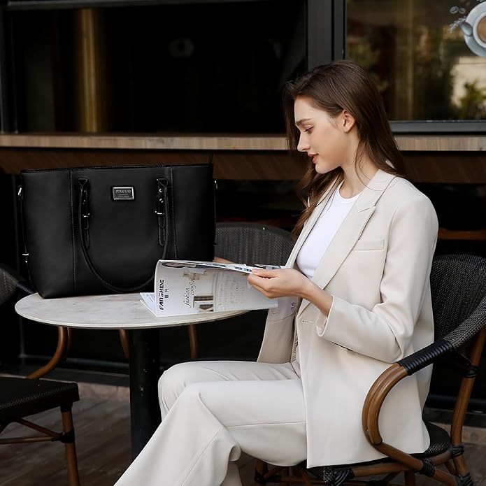 MOSISO Laptop Bag for Women, Waterproof Vintage PU Leather Briefcase Shoulder Computer Laptop Tote Bag for Office Work
