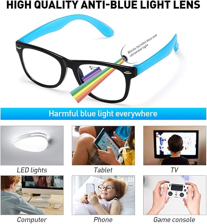 DYLB Kids Blue Light Blocking Glasses girls boys 2 pack, computer video gaming glasses for kids girls boys Age 3-10,Anti blue light & Headache (black blue + transparent purple)