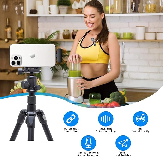 Wireless Lavalier Microphone for iPhone - Android, iPad, Tablets, Bluetooth Mini Microphone with Noise Canceling,65FT Transmission,6H Battery Life, Professional Lapel Mic for Video Recording