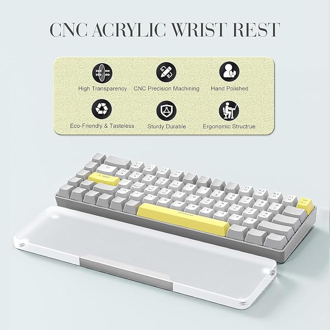 Acrylic Keyboard Wrist Rest Pro- Compact 60% Keyboard- Mechanical Keyboards Ergonomic Palm Rest for Computer Keyboard,Anti-Slip Base,Wrist Pad for Laptop,Office & Home-Easy Typing,Silver