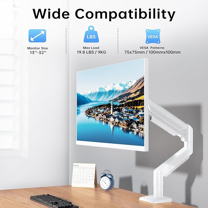 Single Monitor Stand for 13 to 32 inch Screens, Gas Spring Monitor Arm with Swivel, Tilt, Rotation, Height Adjustable, Desk Mount with C-Clamp and Grommet Base, Holds 4.4 to 19.8lbs Screen, White